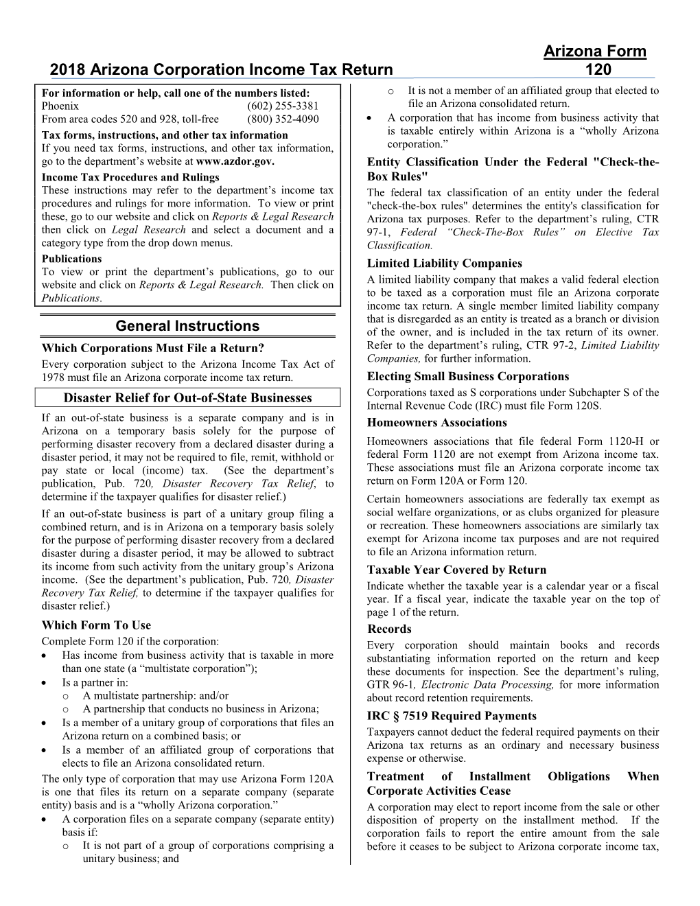 Arizona Form 2018 Arizona Corporation Income Tax Return 120