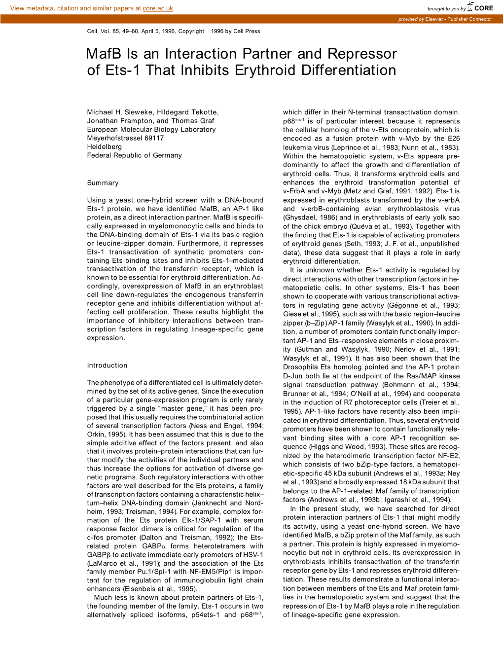 Mafb Is an Interaction Partner and Repressor of Ets-1 That Inhibits Erythroid Differentiation