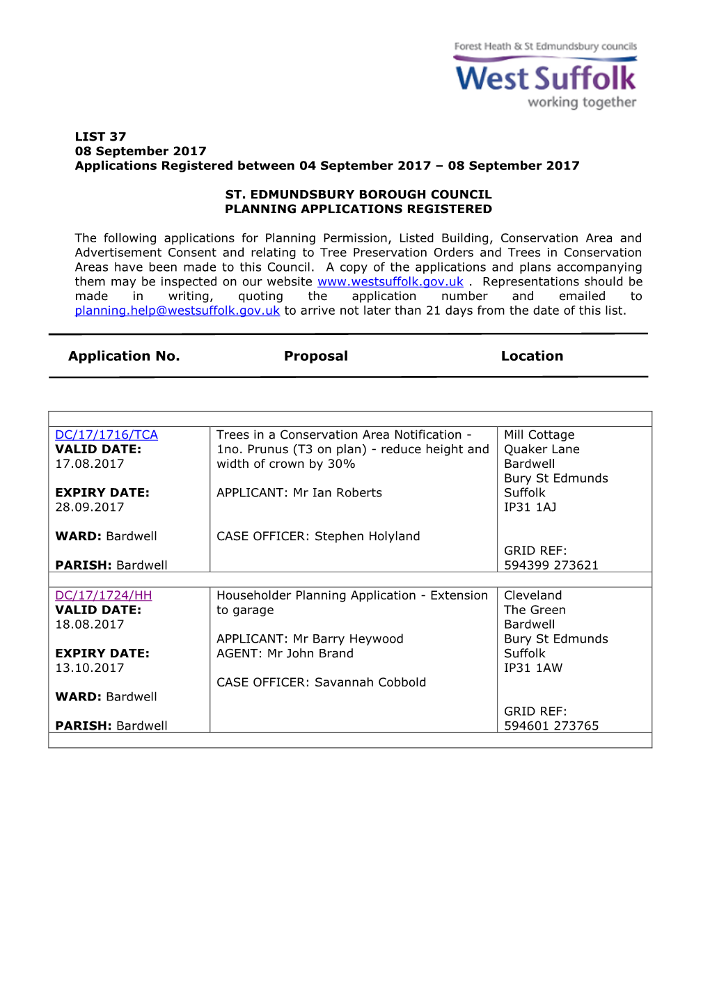 SEBC Planning Applications 37/17