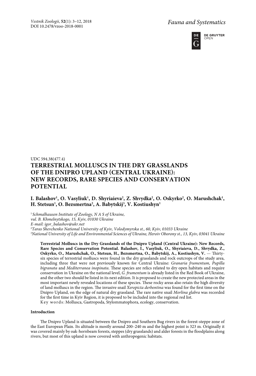 Terrestrial Molluscs in the Dry Grasslands of the Dnipro Upland (Central Ukraine): New Records, Rare Species and Conservation Potential