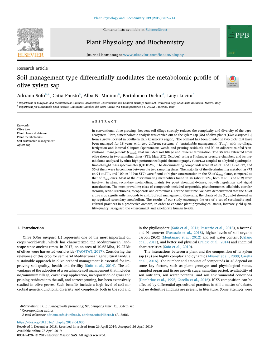 Plant Physiology and Biochemistry Soil Management Type Differentially