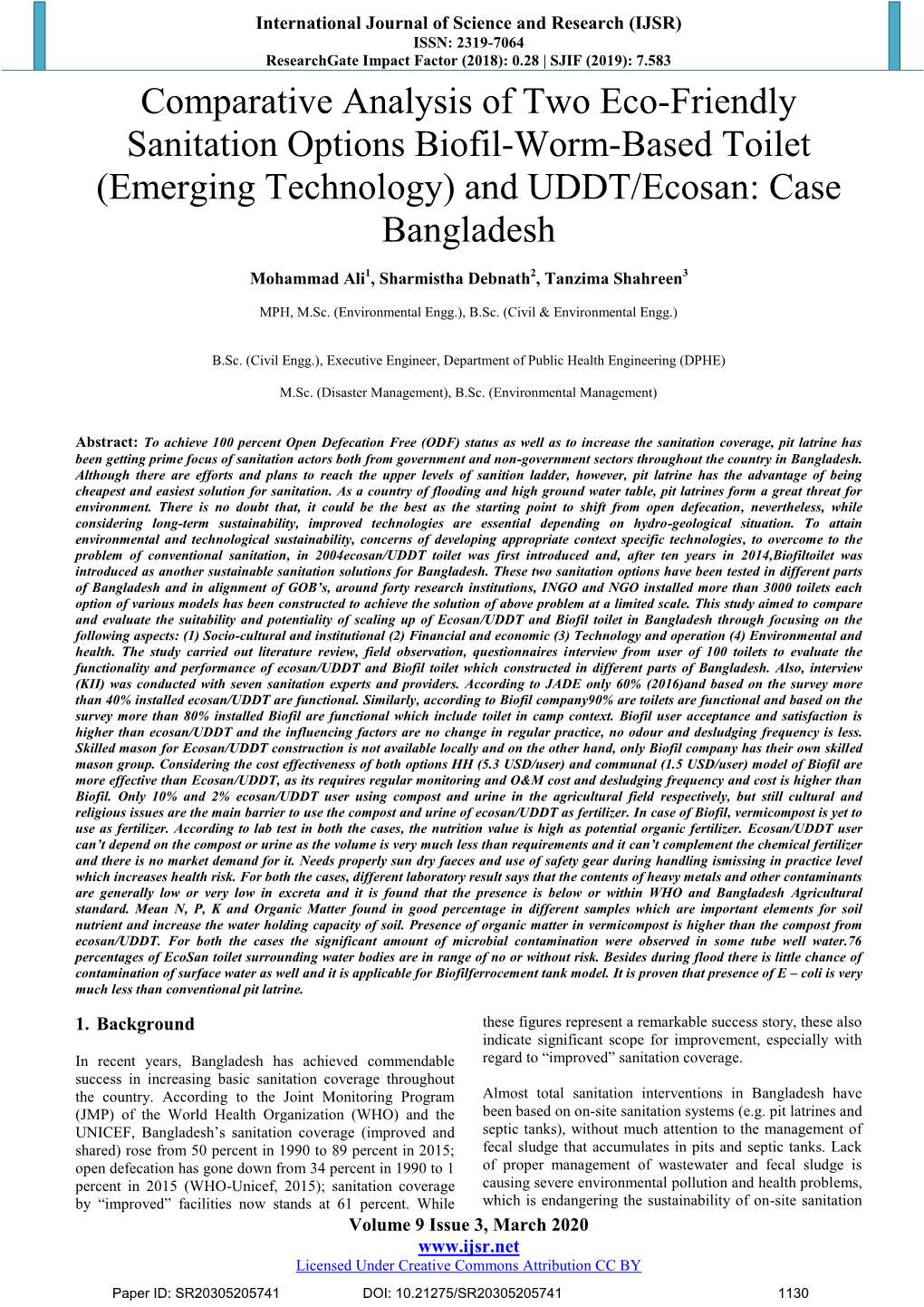 Comparative Analysis of Two Eco-Friendly Sanitation Options Biofil-Worm-Based Toilet (Emerging Technology) and UDDT/Ecosan: Case Bangladesh