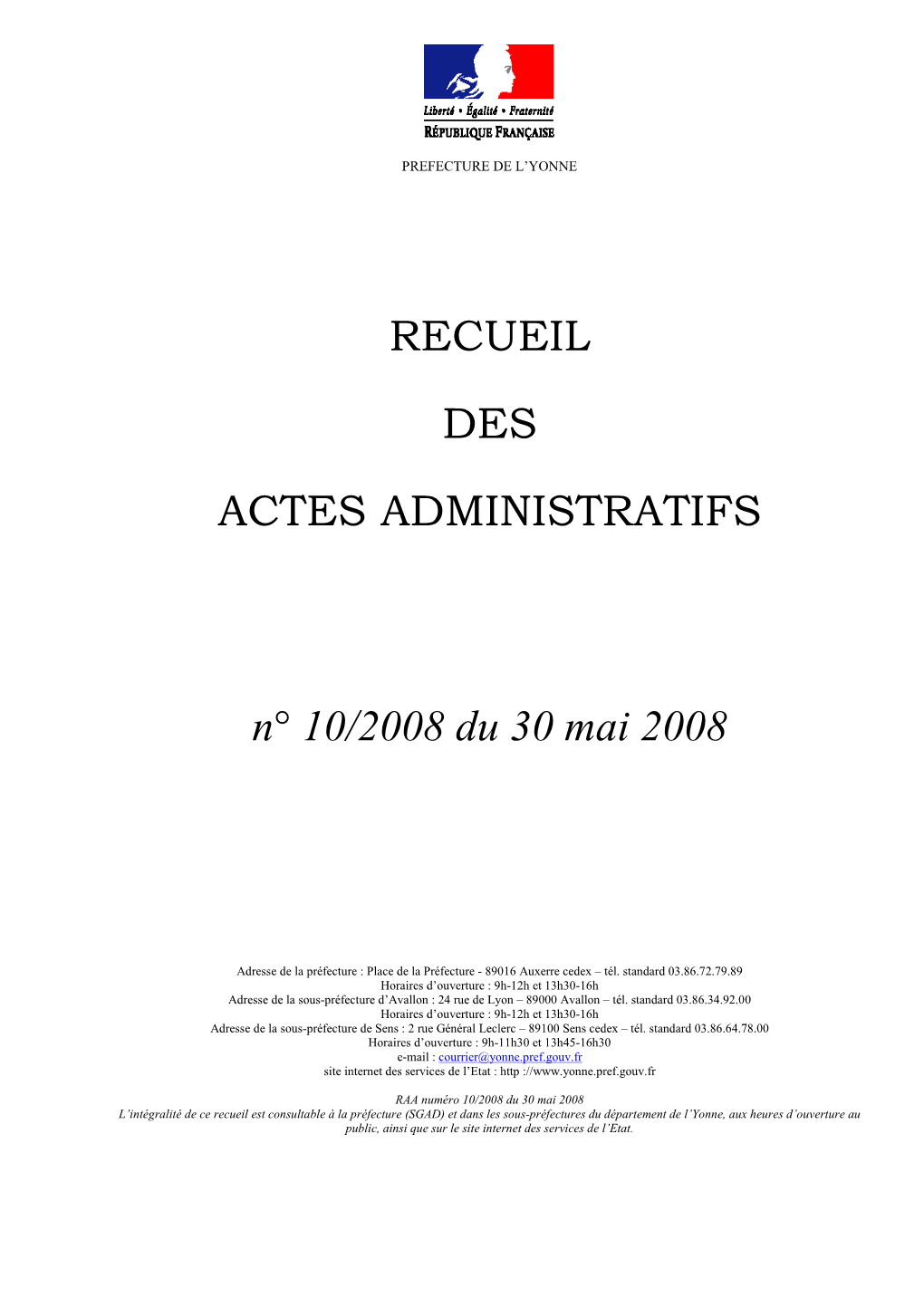 Recueil Des Actes Administratifs N° 10/2008 Du 30 Mai 2008 3