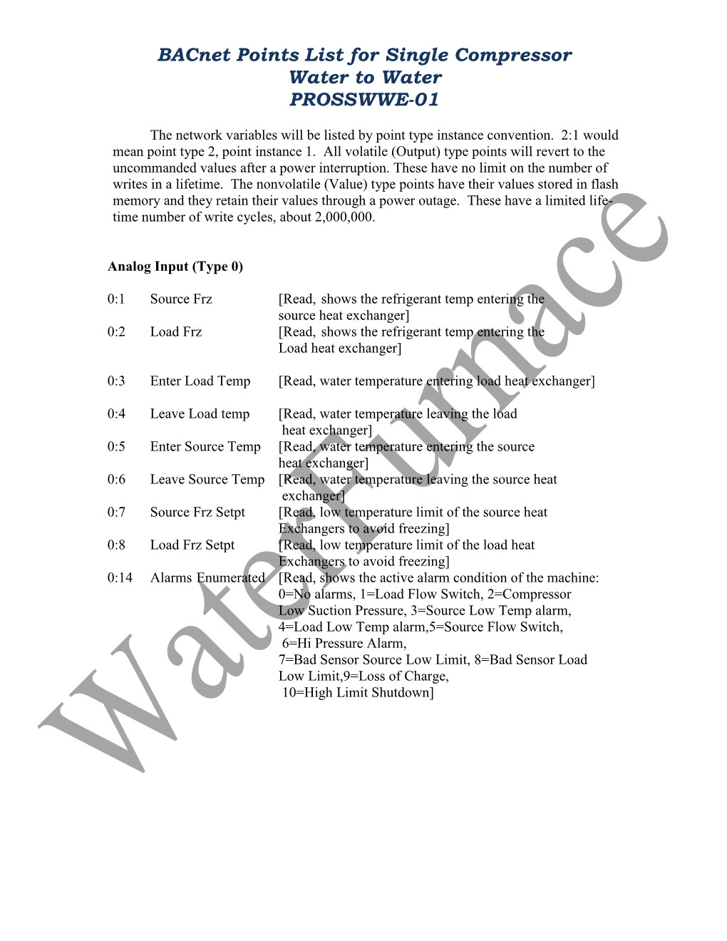 Bacnet Points List for Single Compressor Water-To-Water