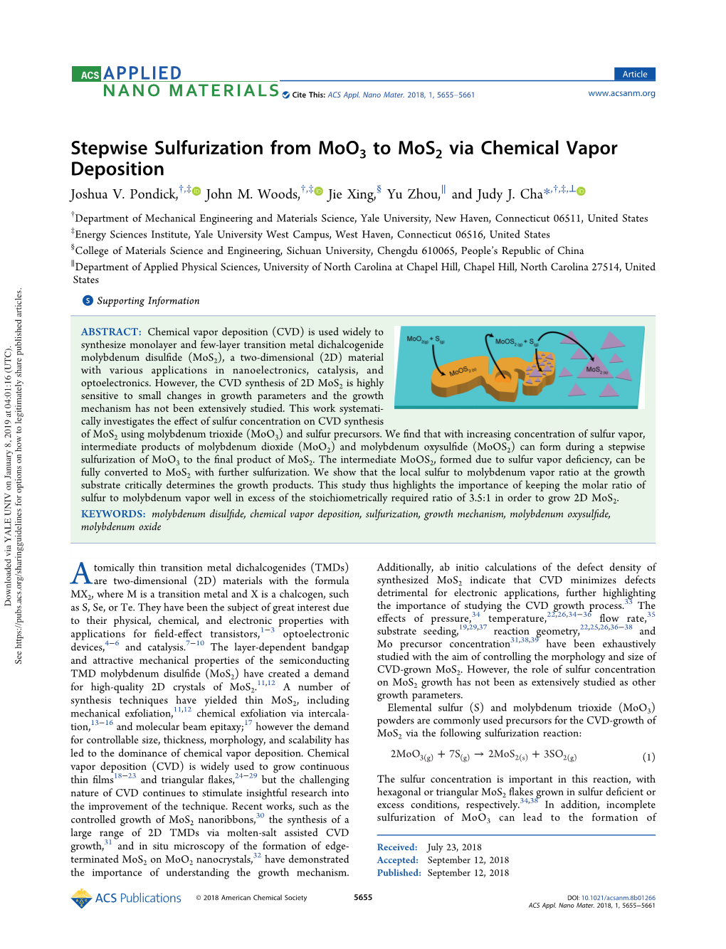 Stepwise Sulfurization from Moo3 to Mos2 Via Chemical Vapor Deposition † ‡ † ‡ § ∥ † ‡ ⊥ Joshua V