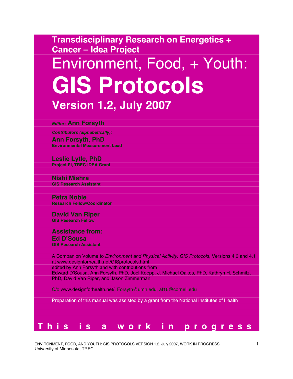 Environment, Food, and Youth: GIS Protocols Ver