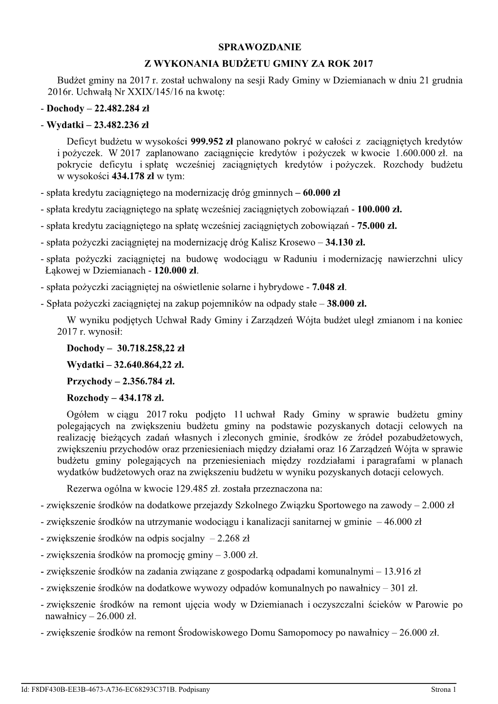 SPRAWOZDANIE Z WYKONANIA BUDŻETU GMINY ZA ROK 2017 Budżet Gminy Na 2017 R