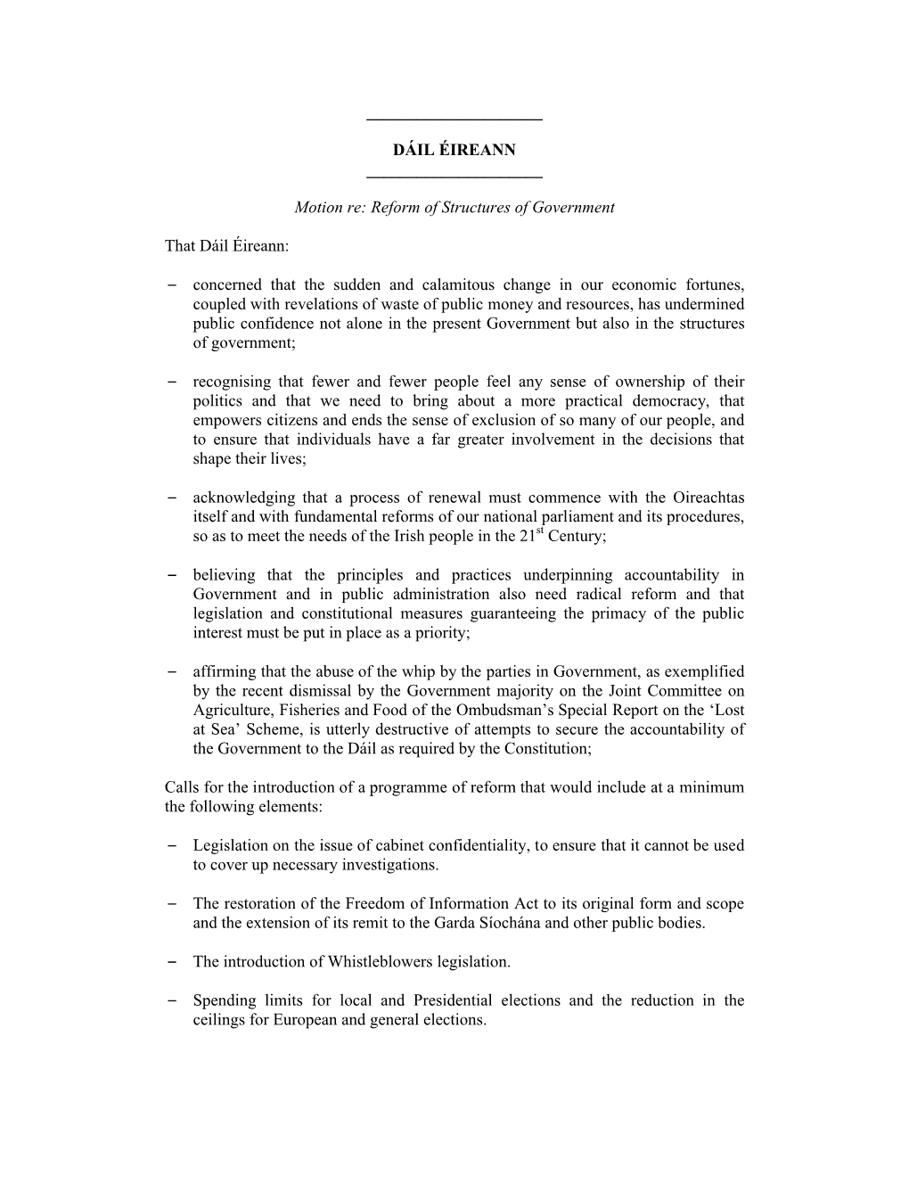 Reform of Structures of Government That Dáil Éireann