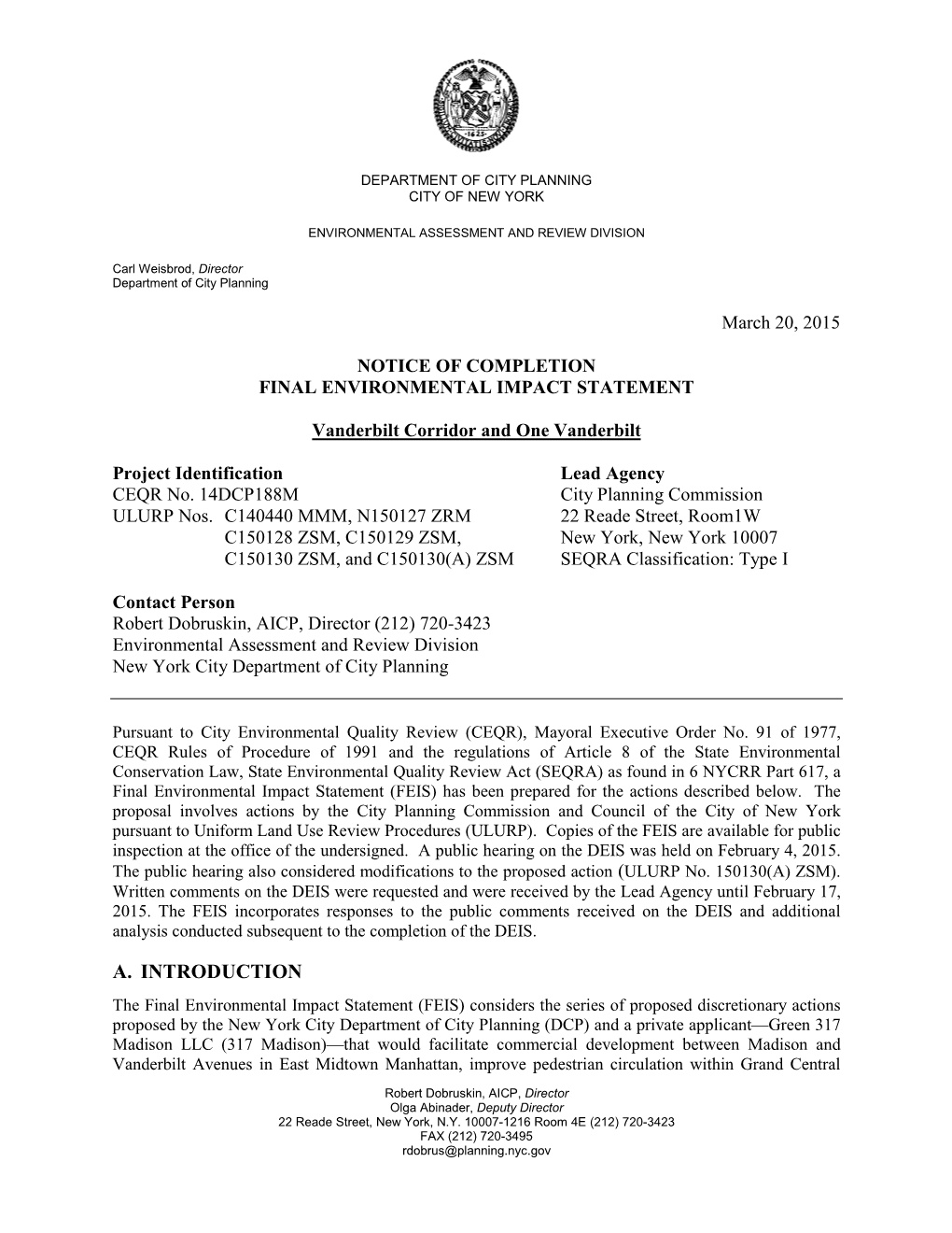 Notice of Completion Final Environmental Impact Statement