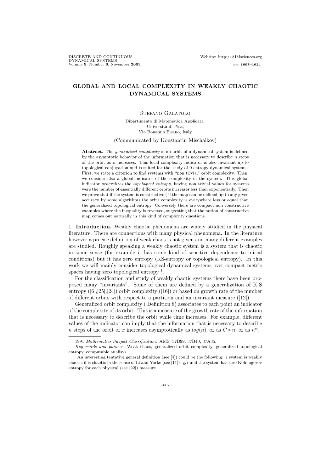 Global and Local Complexity in Weakly Chaotic Dynamical Systems