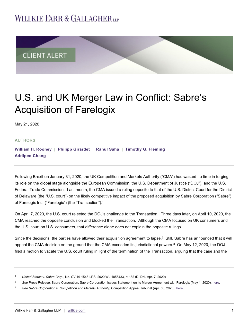 U.S. and UK Merger Law in Conflict: Sabre's Acquisition of Farelogix