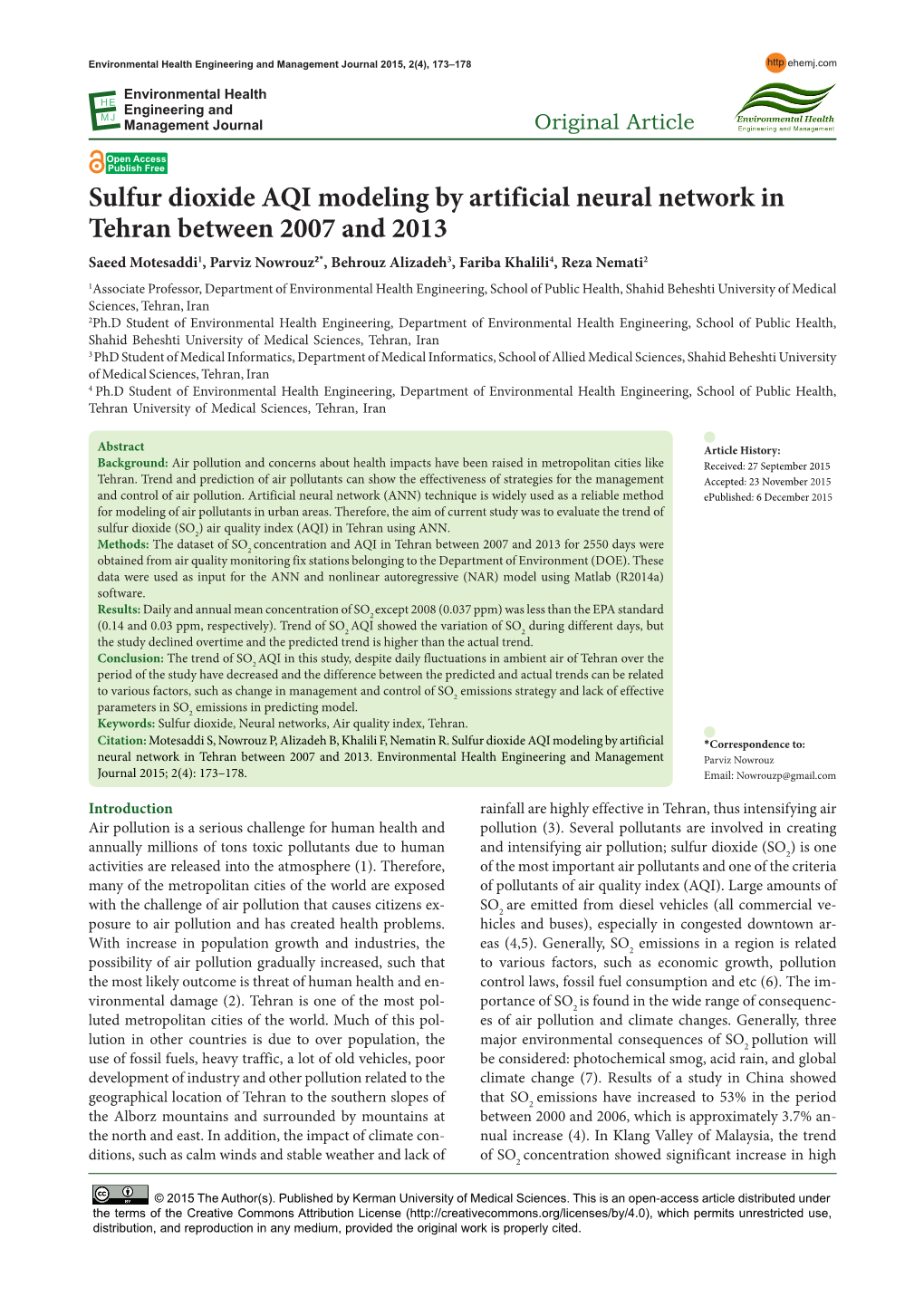 Sulfur Dioxide AQI Modeling by Artificial Neural Network in Tehran