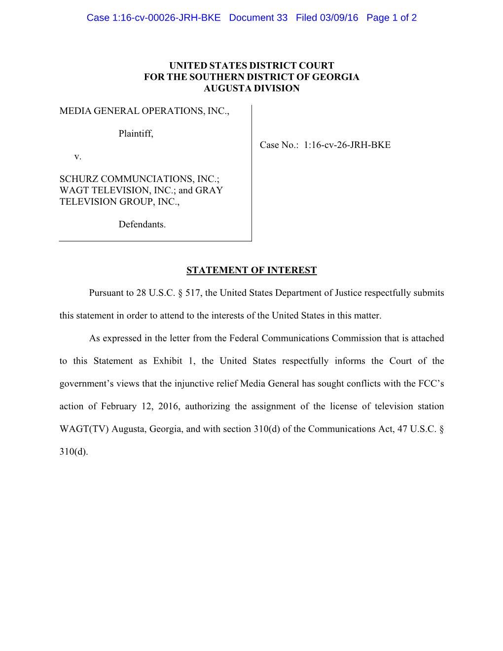 Case 1:16-Cv-00026-JRH-BKE Document 33 Filed 03/09/16 Page 1 of 2