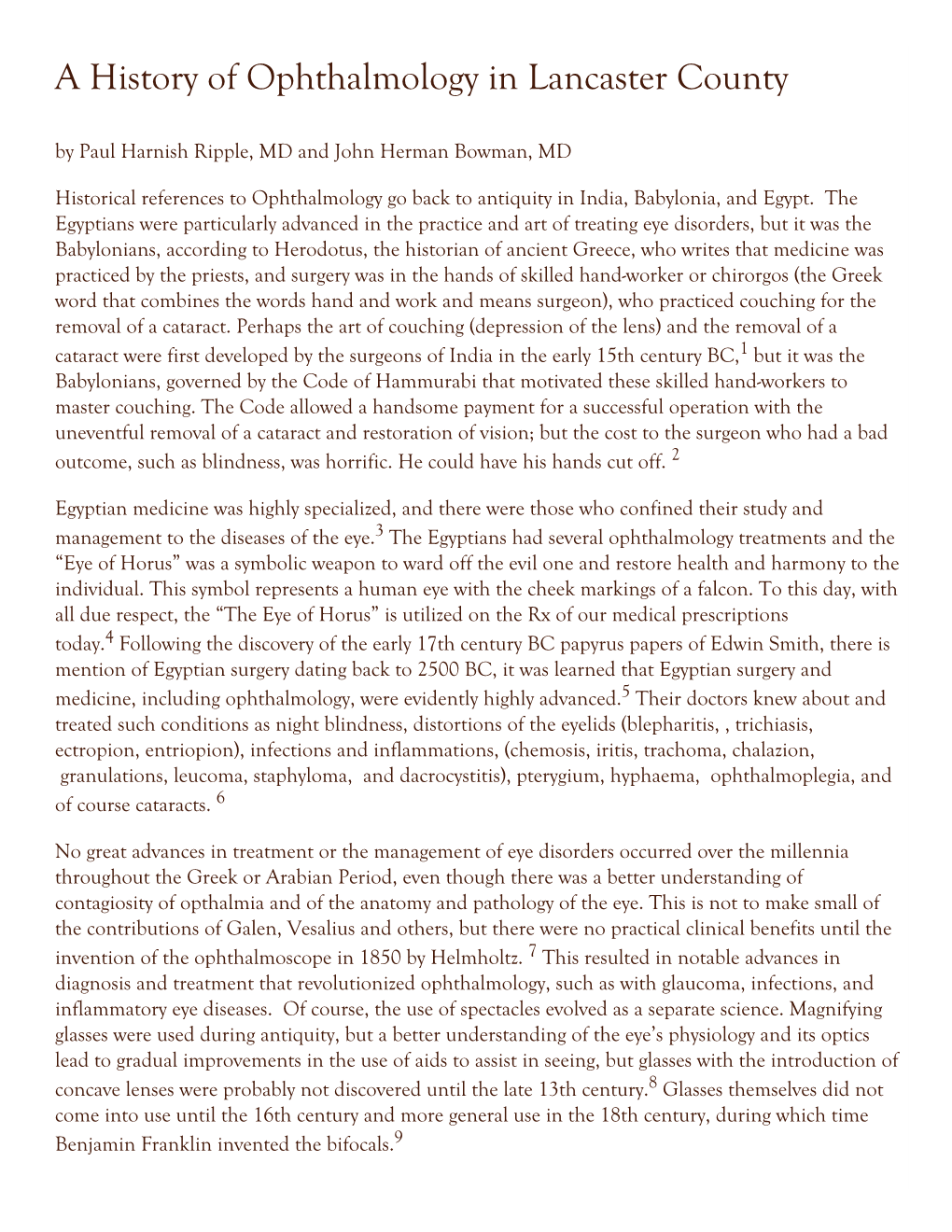 A History of Ophthalmology in Lancaster County by Paul Harnish Ripple, MD and John Herman Bowman, MD