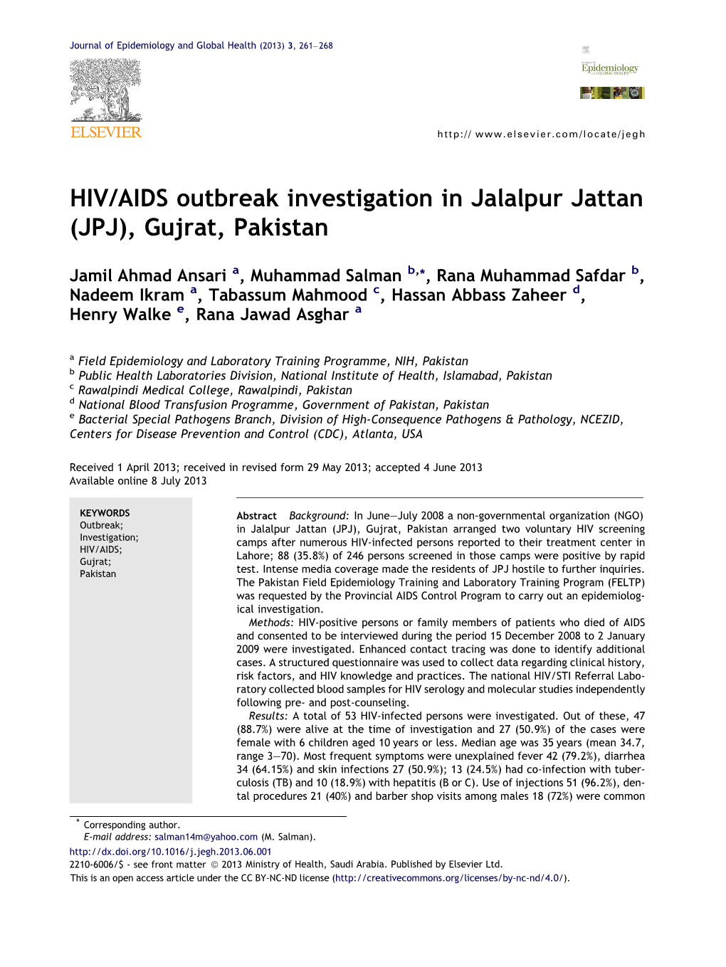 HIV/AIDS Outbreak Investigation in Jalalpur Jattan (JPJ), Gujrat, Pakistan