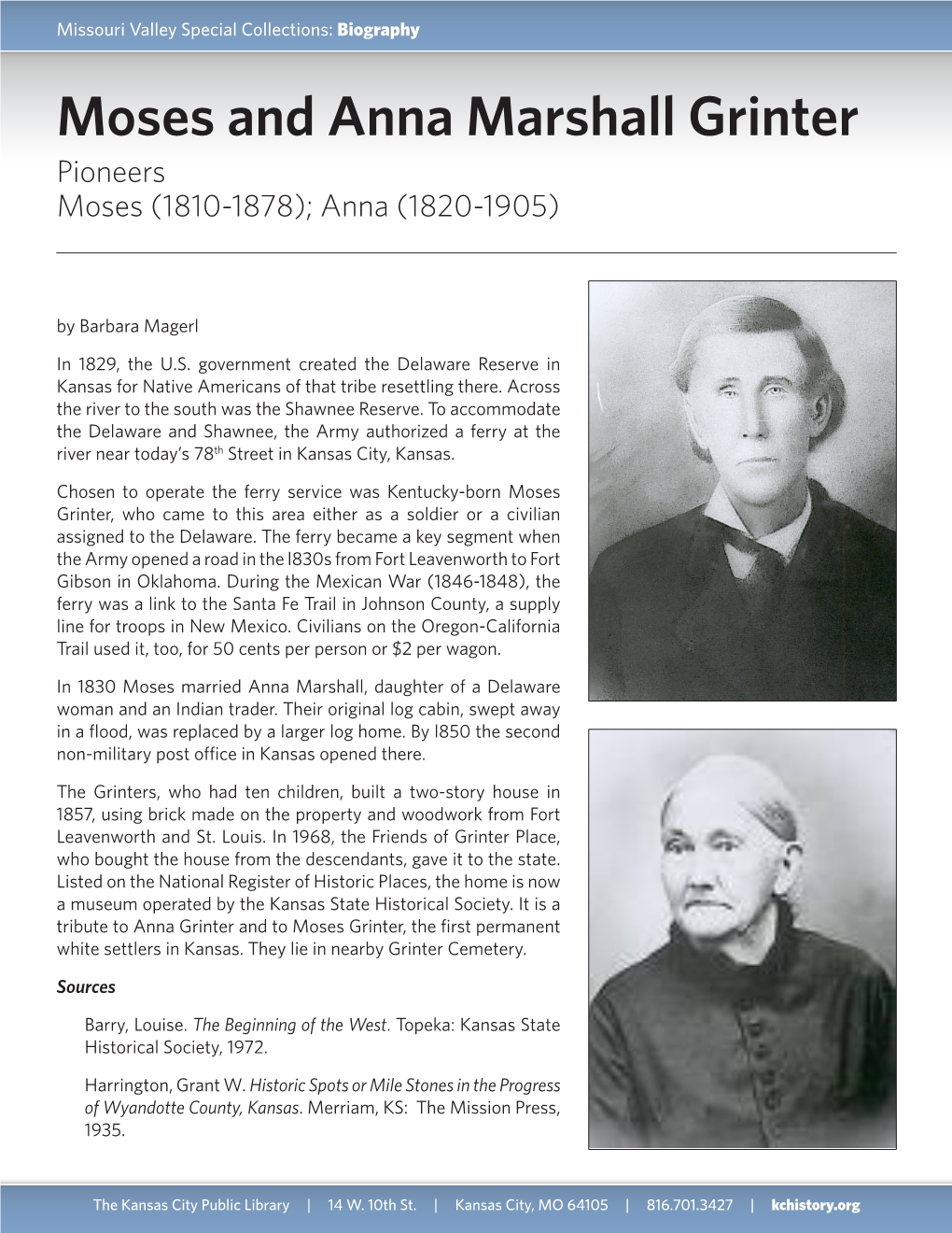 Moses and Anna Marshall Grinter Pioneers Moses (1810-1878); Anna (1820-1905)