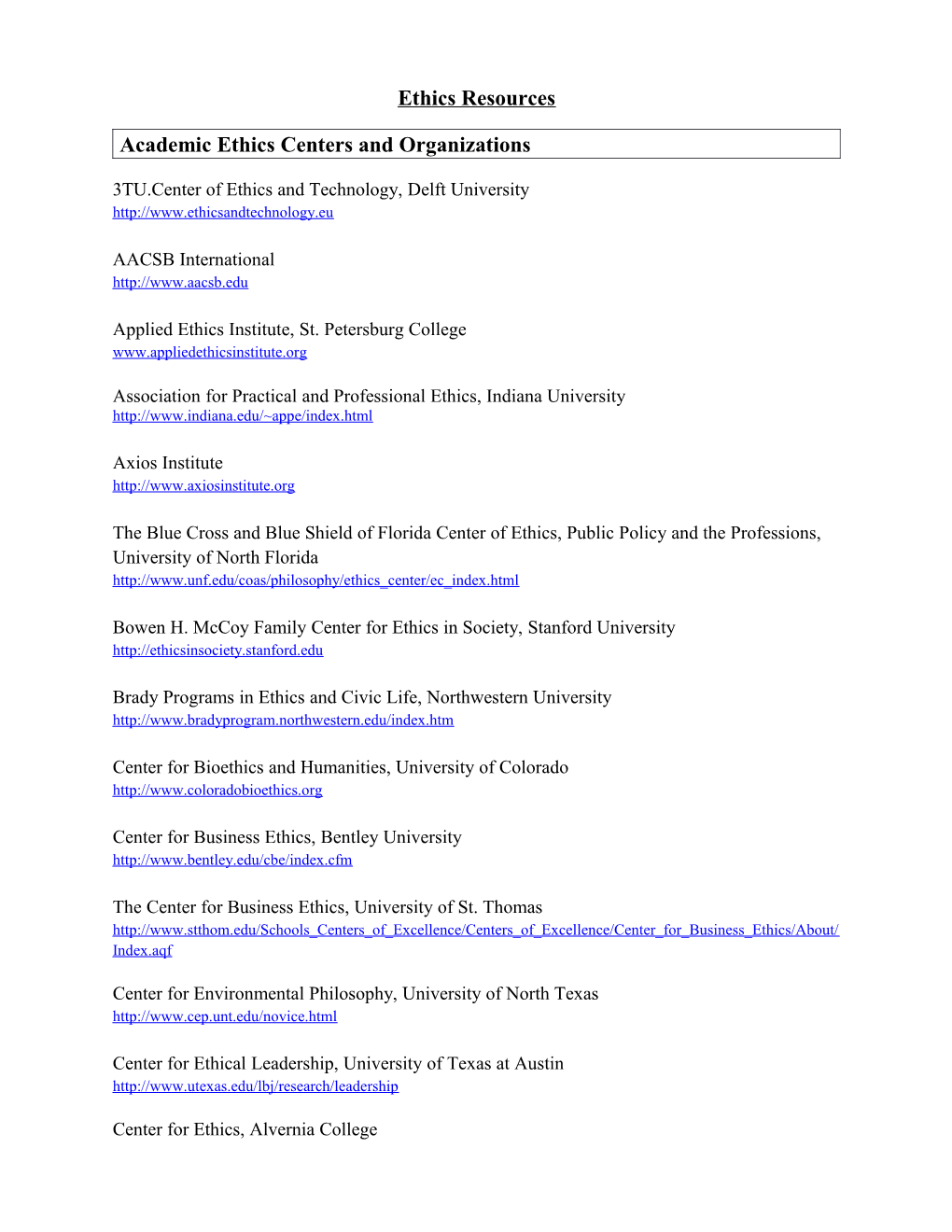 Academic Ethics Centers and Organizations