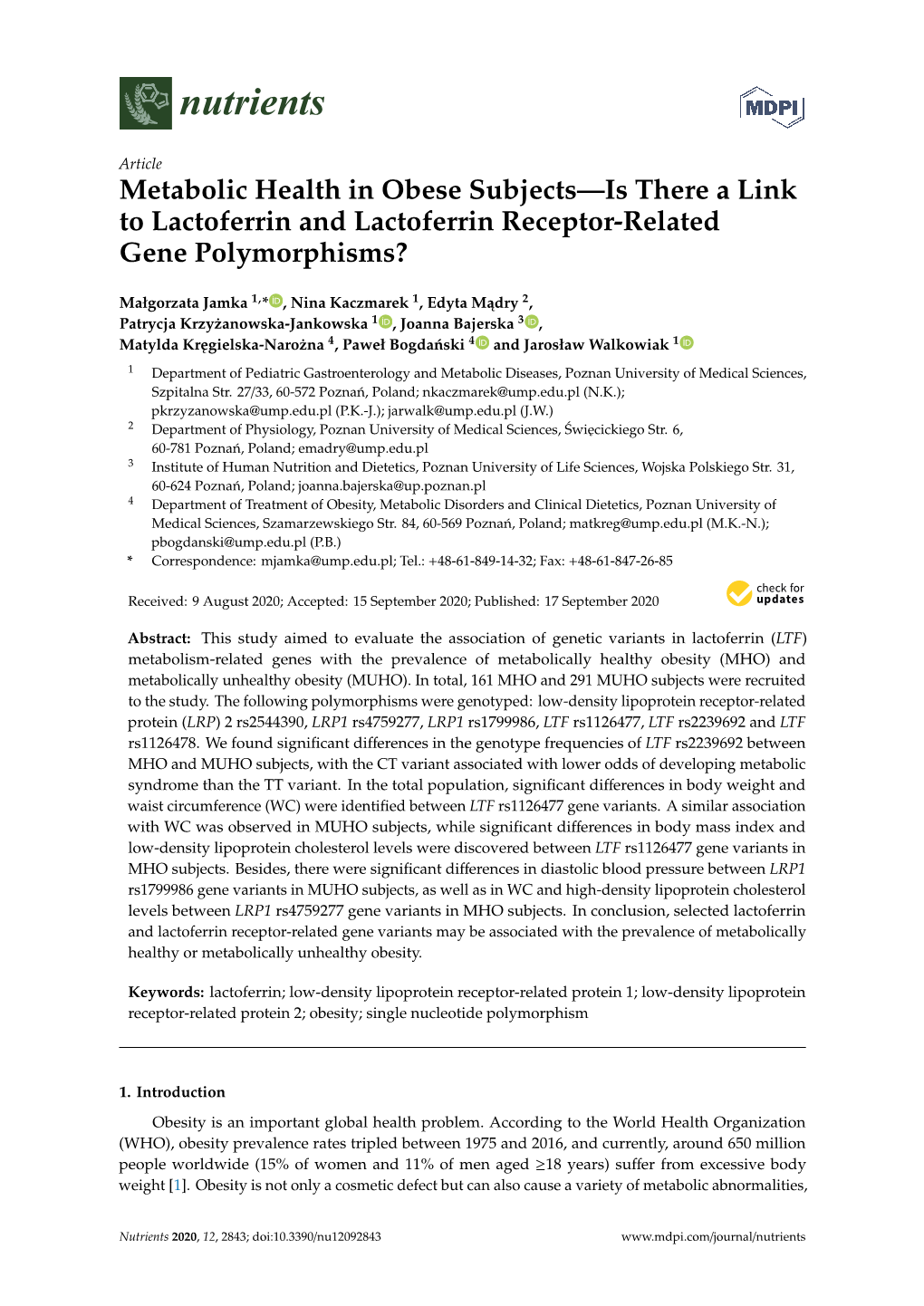Metabolic Health in Obese Subjects—Is There a Link to Lactoferrin and Lactoferrin Receptor-Related Gene Polymorphisms?