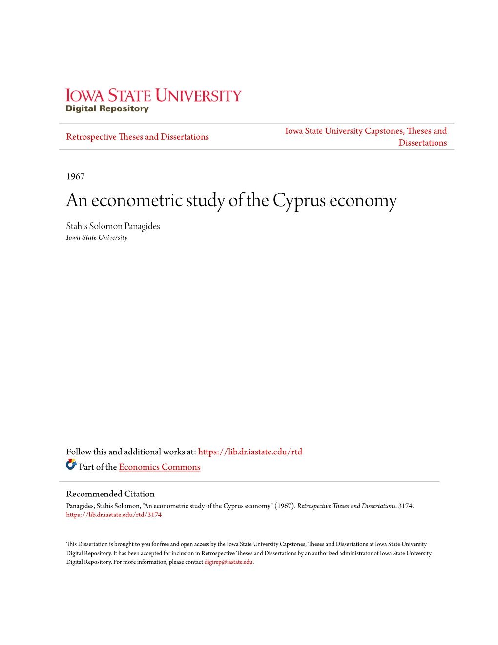 An Econometric Study of the Cyprus Economy Stahis Solomon Panagides Iowa State University