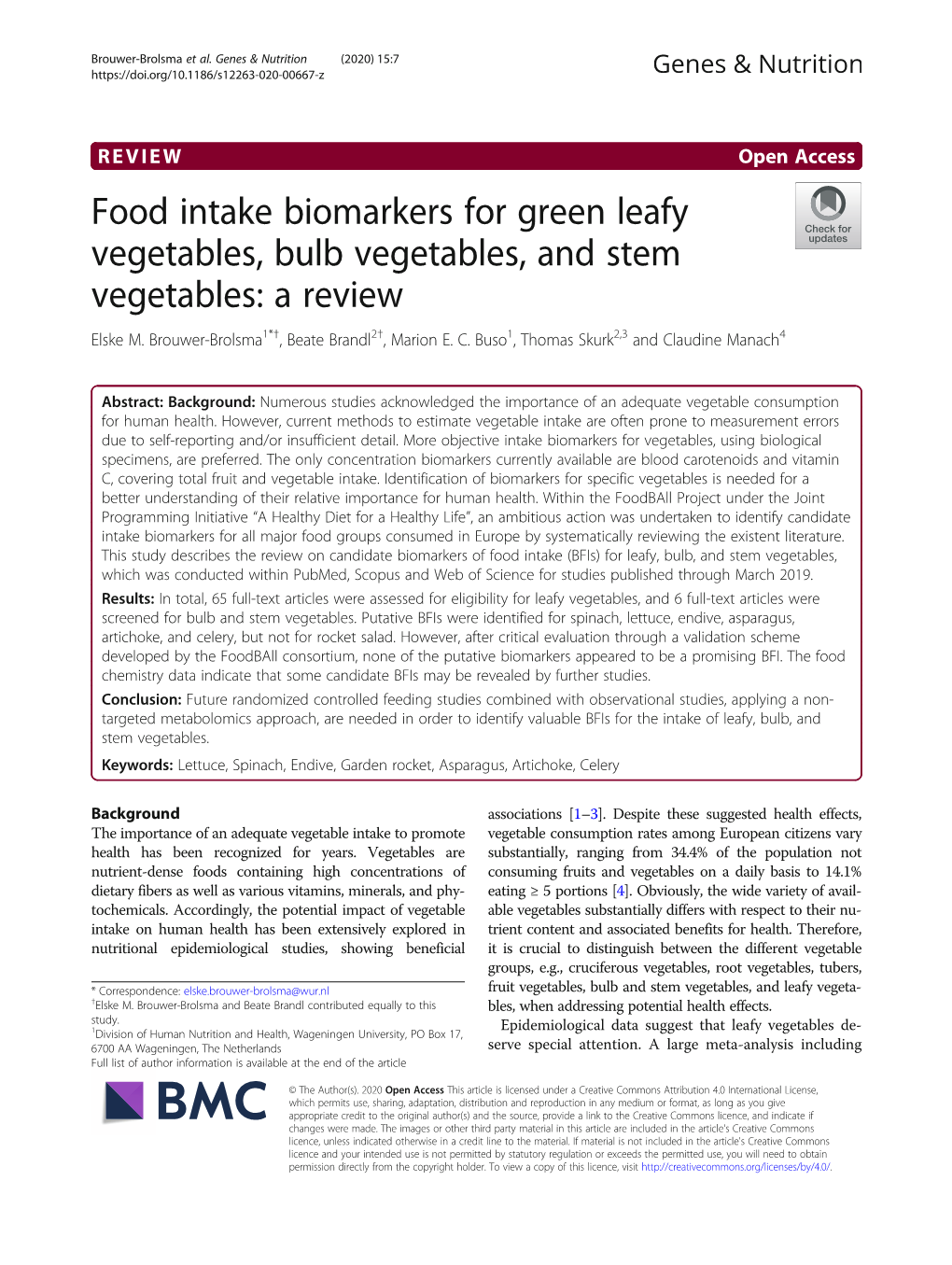 Food Intake Biomarkers for Green Leafy Vegetables, Bulb Vegetables, and Stem Vegetables: a Review Elske M