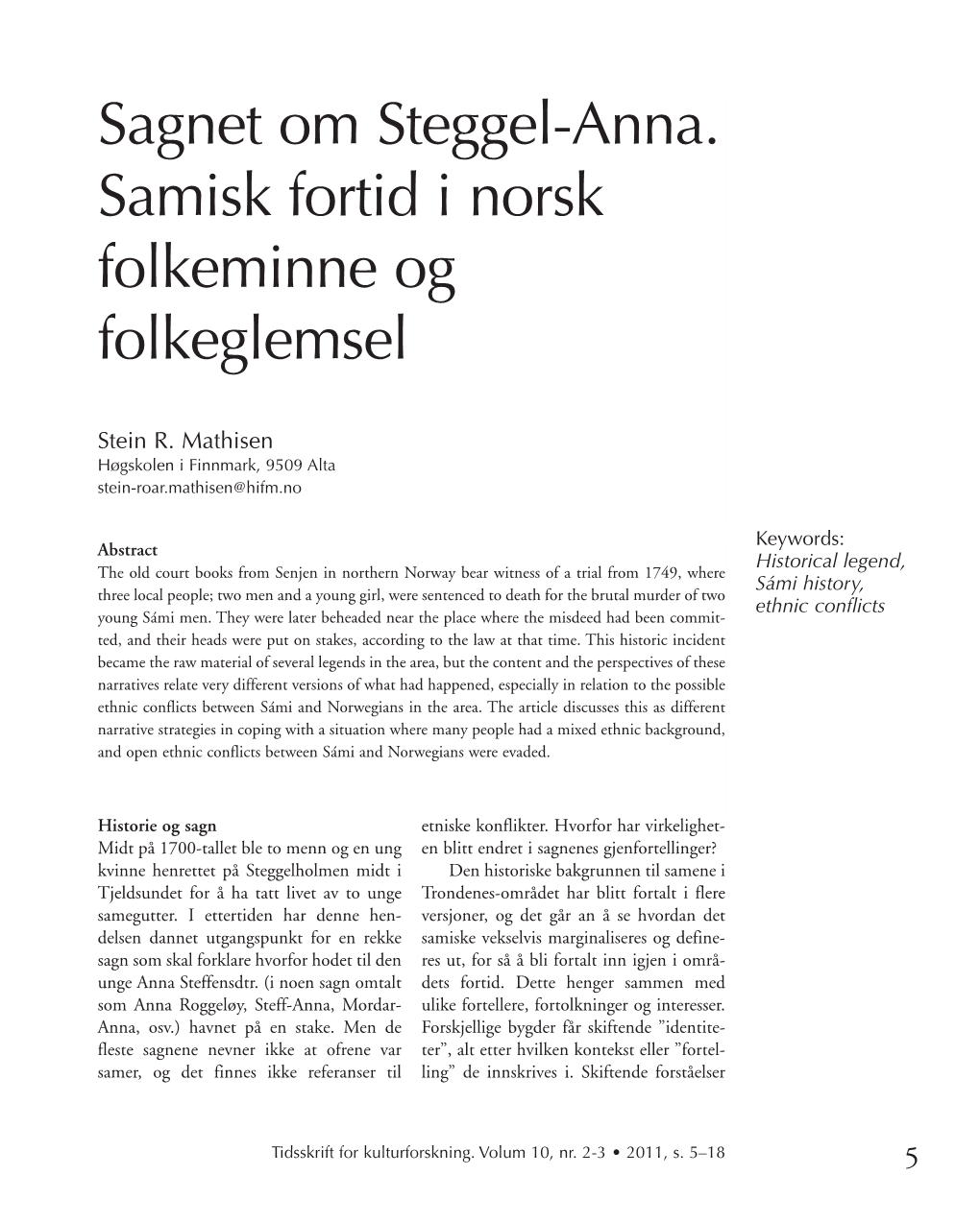 Sagnet Om Steggel-Anna. Samisk Fortid I Norsk Folke Minne Og Folkeglemsel