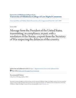 Message from the President of the United States, Transmitting, in Compliance, in Part, with a Resolution of the Senate, a Report