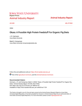 Okara: a Possible High Protein Feedstuff for Organic Pig Diets