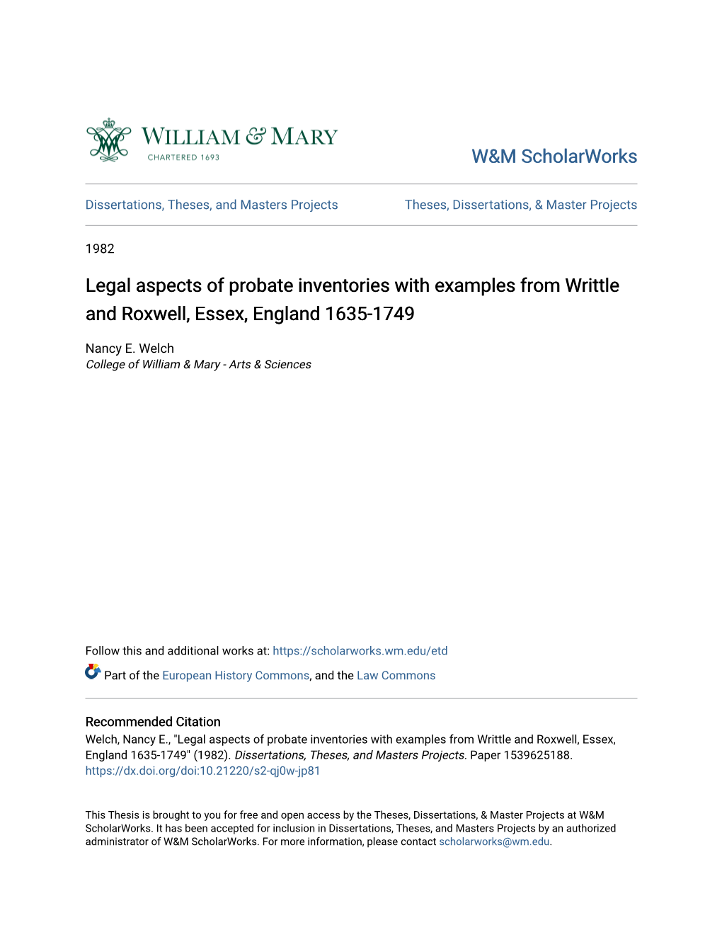 Legal Aspects of Probate Inventories with Examples from Writtle and Roxwell, Essex, England 1635-1749