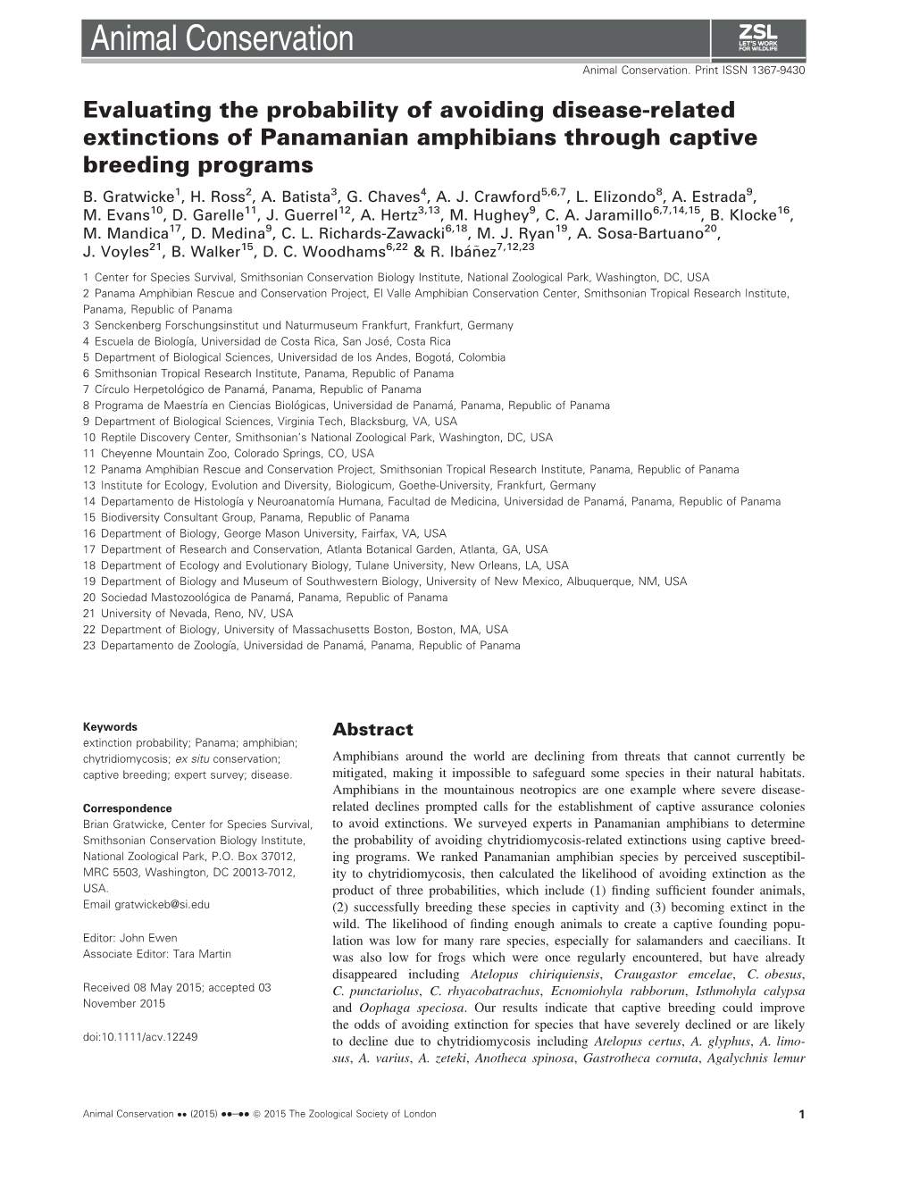 Related Extinctions of Panamanian Amphibians Through Captive Breeding Programs B