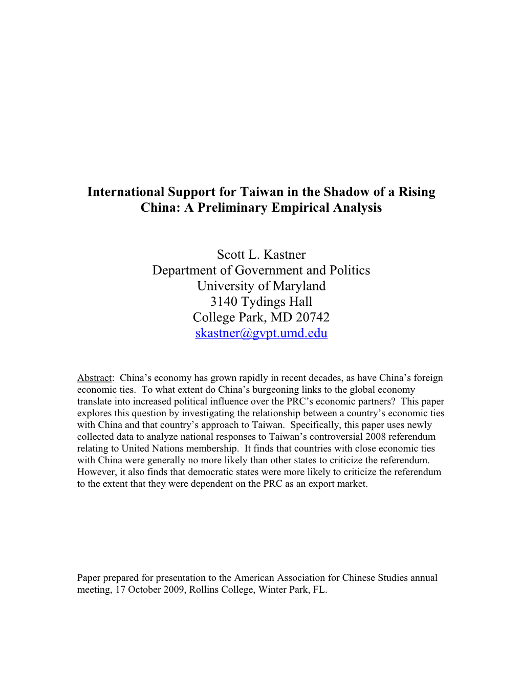 International Support for Taiwan in the Shadow of a Rising China: a Preliminary Empirical