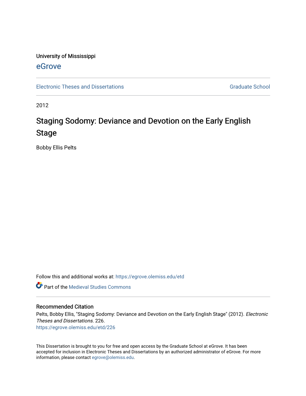 Staging Sodomy: Deviance and Devotion on the Early English Stage