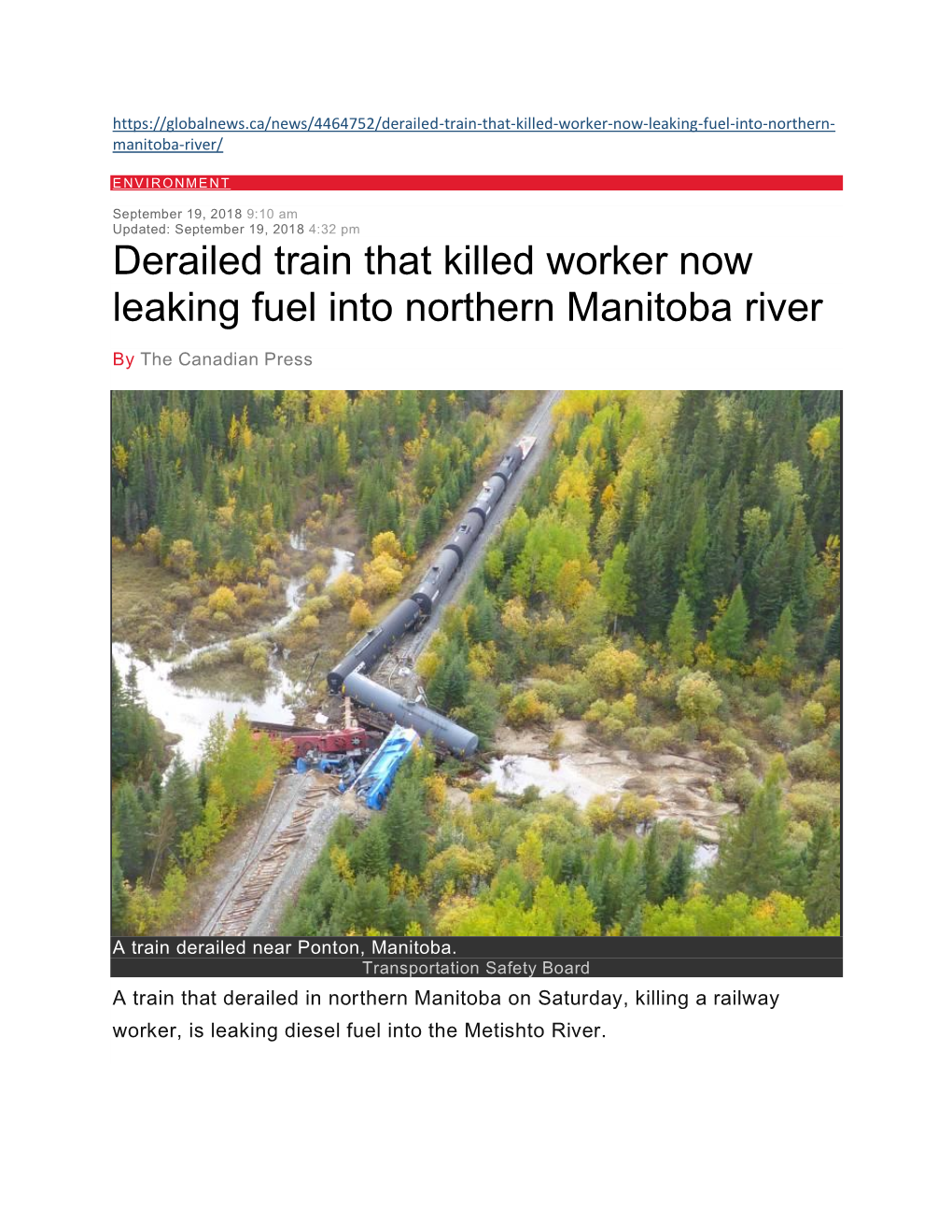 Derailed Train That Killed Worker Now Leaking Fuel Into Northern Manitoba River