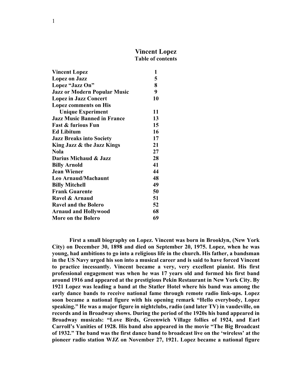 Vincent Lopez Table of Contents