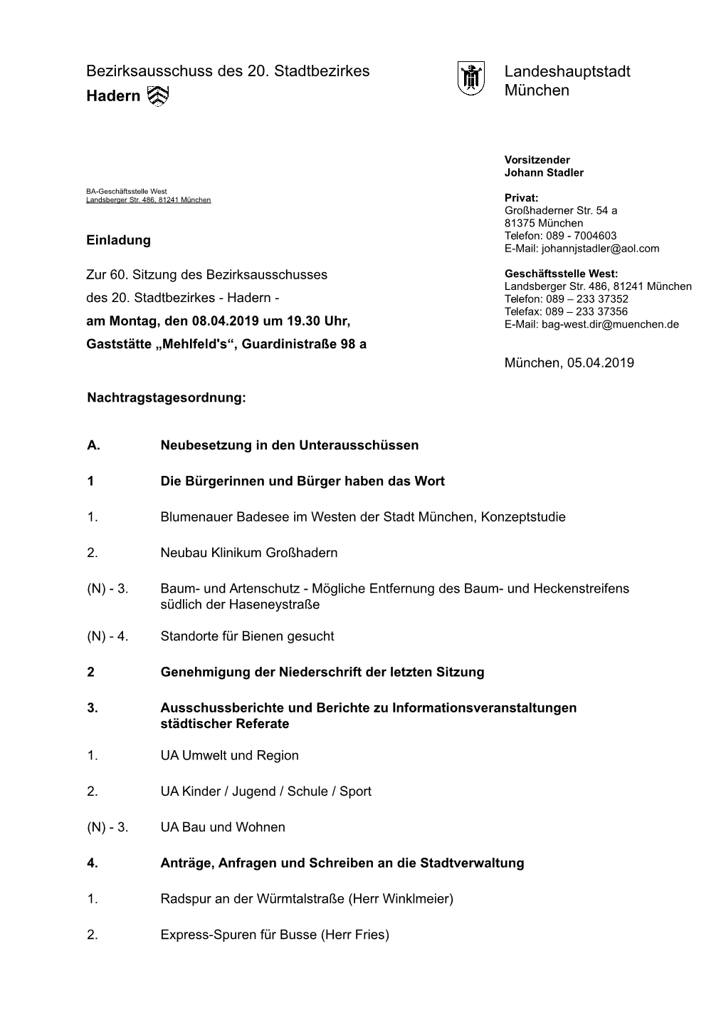 Bezirksausschuss Des 20. Stadtbezirkes Landeshauptstadt Hadern München