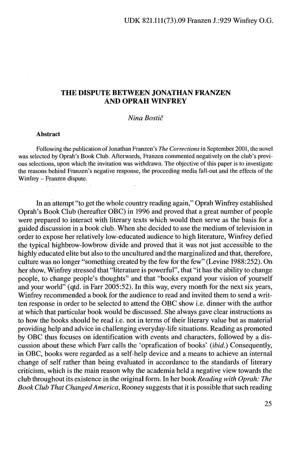 929 Winfrey OG the DISPUTE BETWEEN JONATHAN FRANZEN