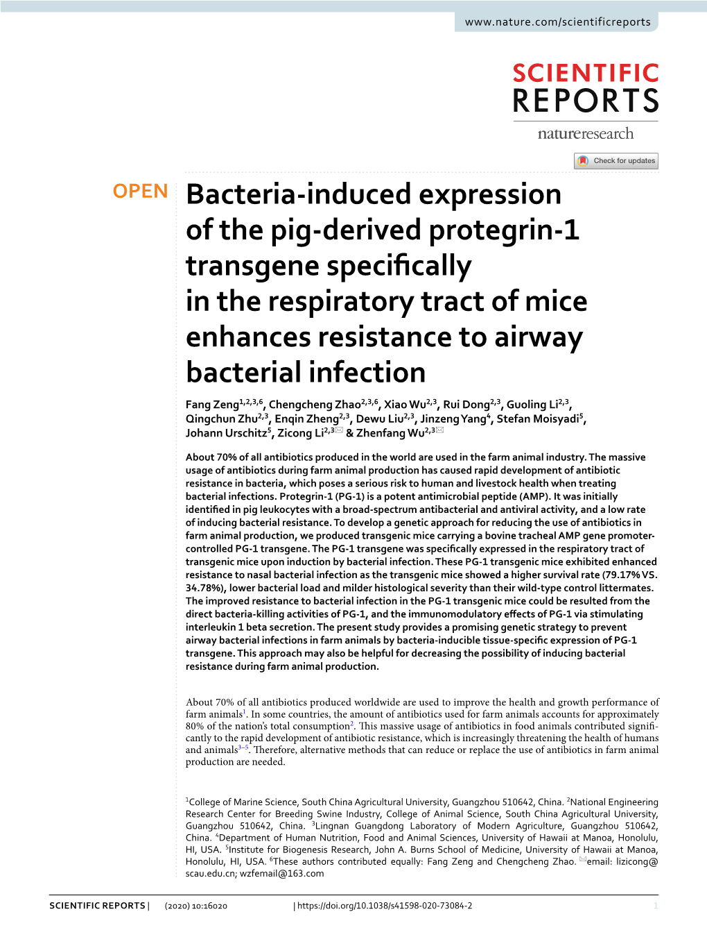Bacteria-Induced Expression of the Pig-Derived Protegrin-1 Transgene Specifically in the Respiratory Tract of Mice Enhances Resi