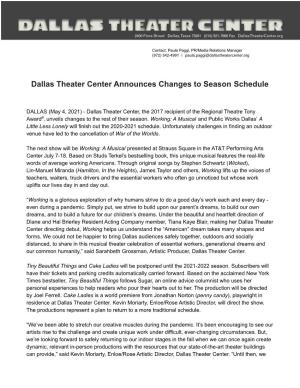 Dallas Theater Center Announces Changes to Season Schedule