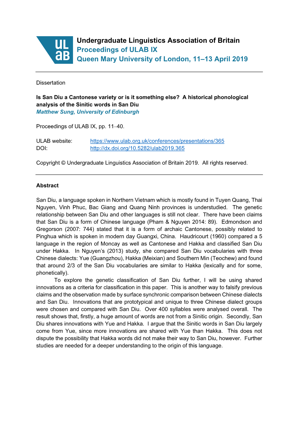 Undergraduate Linguistics Association of Britain Proceedings of ULAB IX Queen Mary University of London, 11–13 April 2019