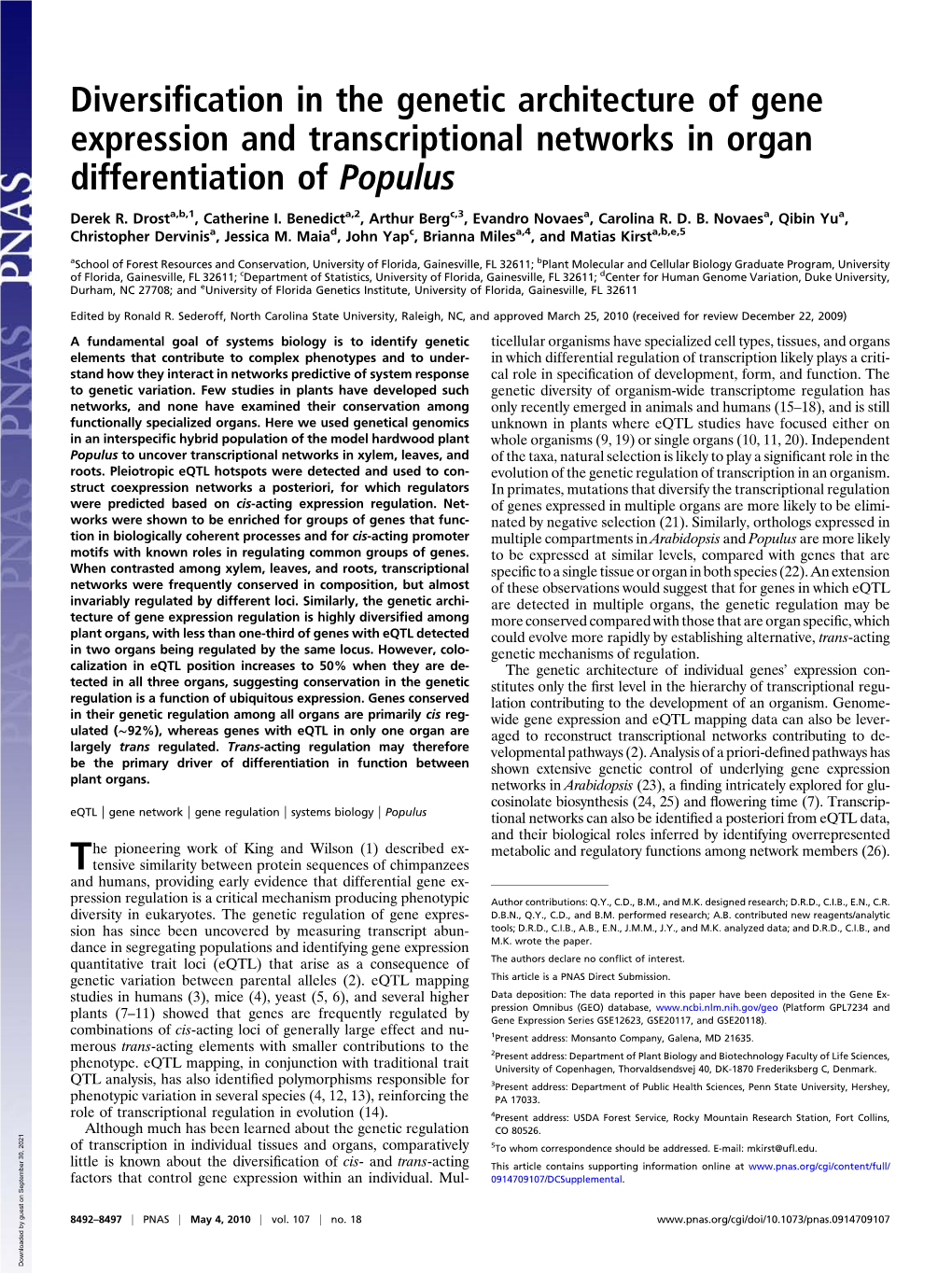 Diversification in the Genetic Architecture of Gene Expression and Transcriptional Networks in Organ Differentiation of Populus