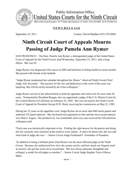 Ninth Circuit Court of Appeals Mourns Passing of Judge Pamela Ann Rymer