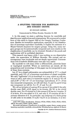 A SPLITTING THEOREM for MANIFOLDS and SURGERY GROUPS by SYLVAIN CAPPELL Communicated by William Browder, December 19, 1969 I