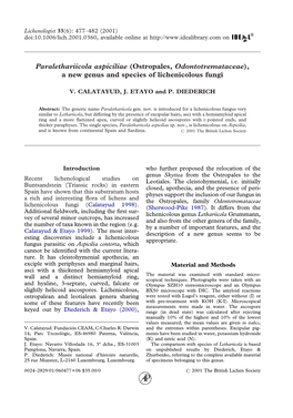 Paralethariicola Aspiciliae (Ostropales, Odontotremataceae), a New Genus and Species of Lichenicolous Fungi