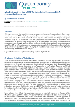 A Preliminary Overview of ICT Use in the Boko Haram Conflict: a Cyberconflict Perspective by Shola Abidemi Olabode