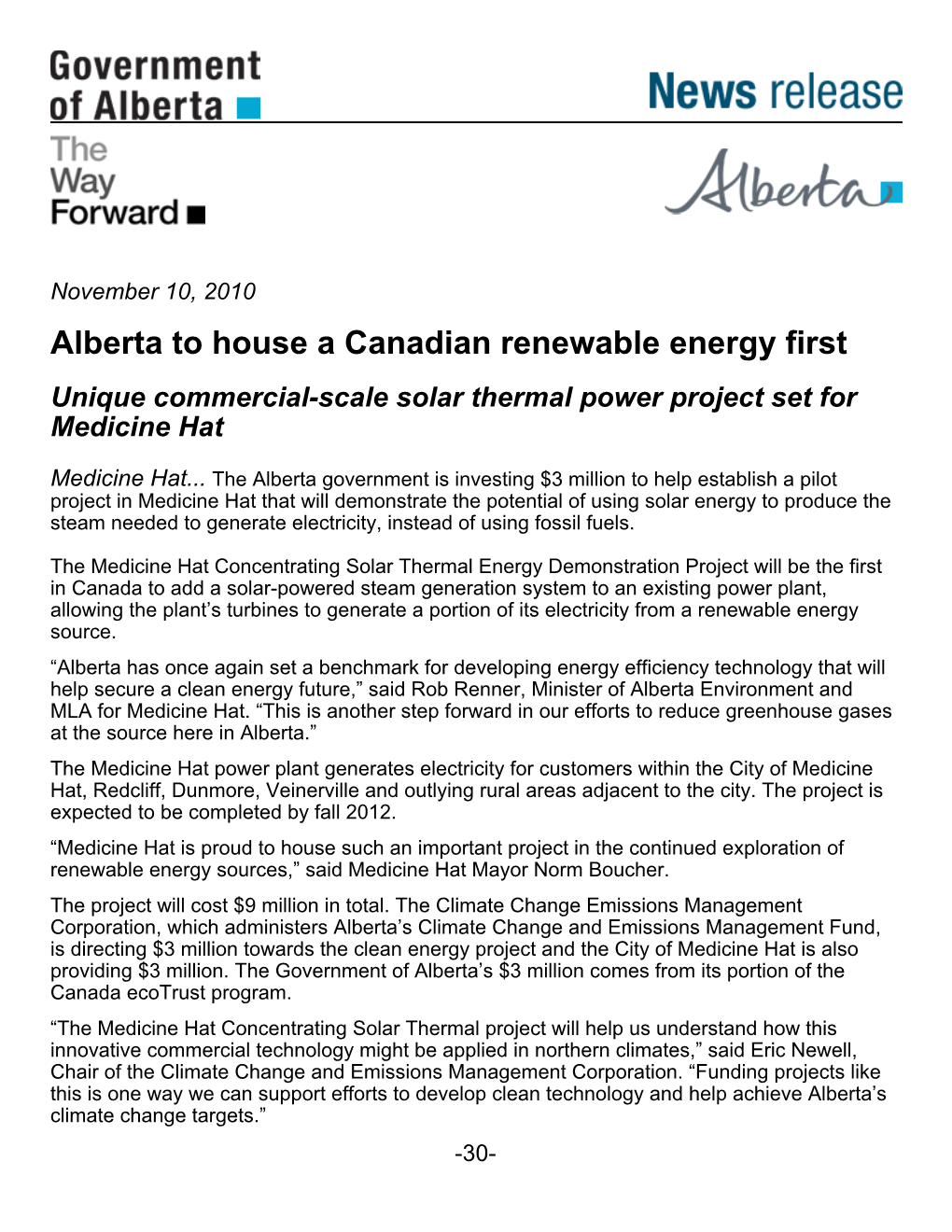 Alberta to House a Canadian Renewable Energy First Unique Commercial-Scale Solar Thermal Power Project Set for Medicine Hat