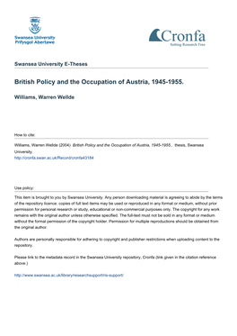 British Policy and the Occupation of Austria, 1945-1955