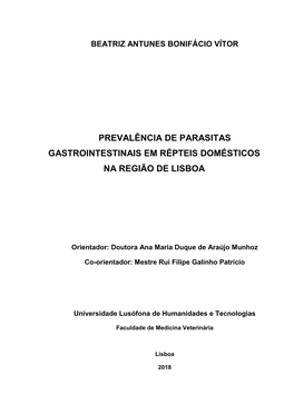 Prevalência De Parasitas Gastrointestinais Em Répteis Domésticos Na Região De Lisboa