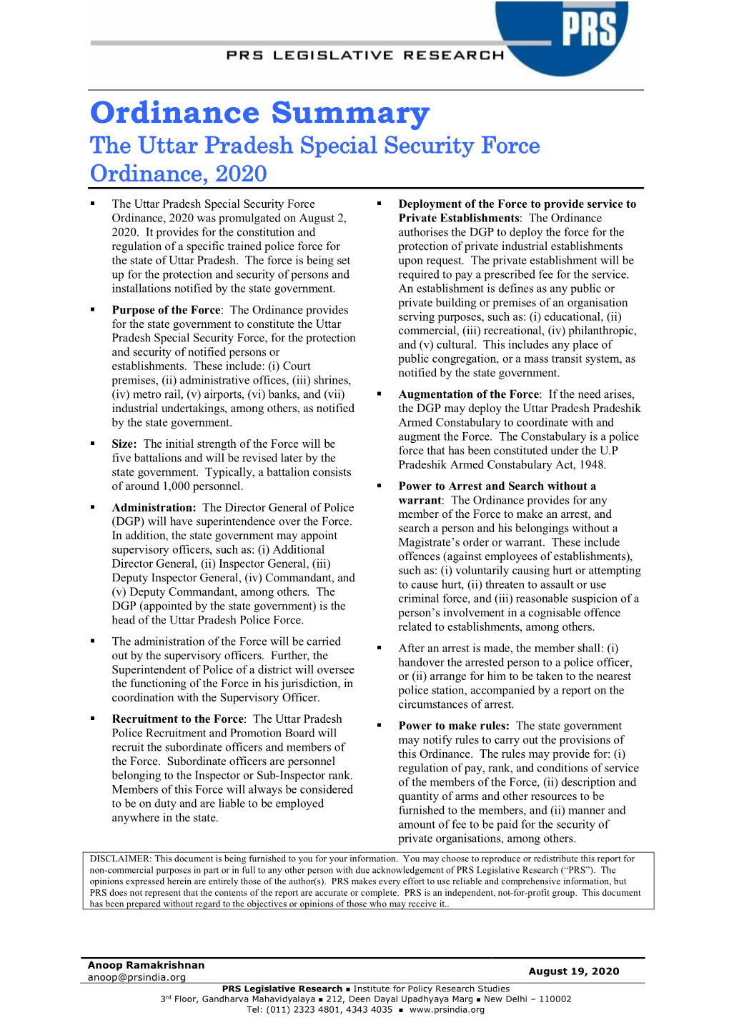 PRS Ordinance Summary