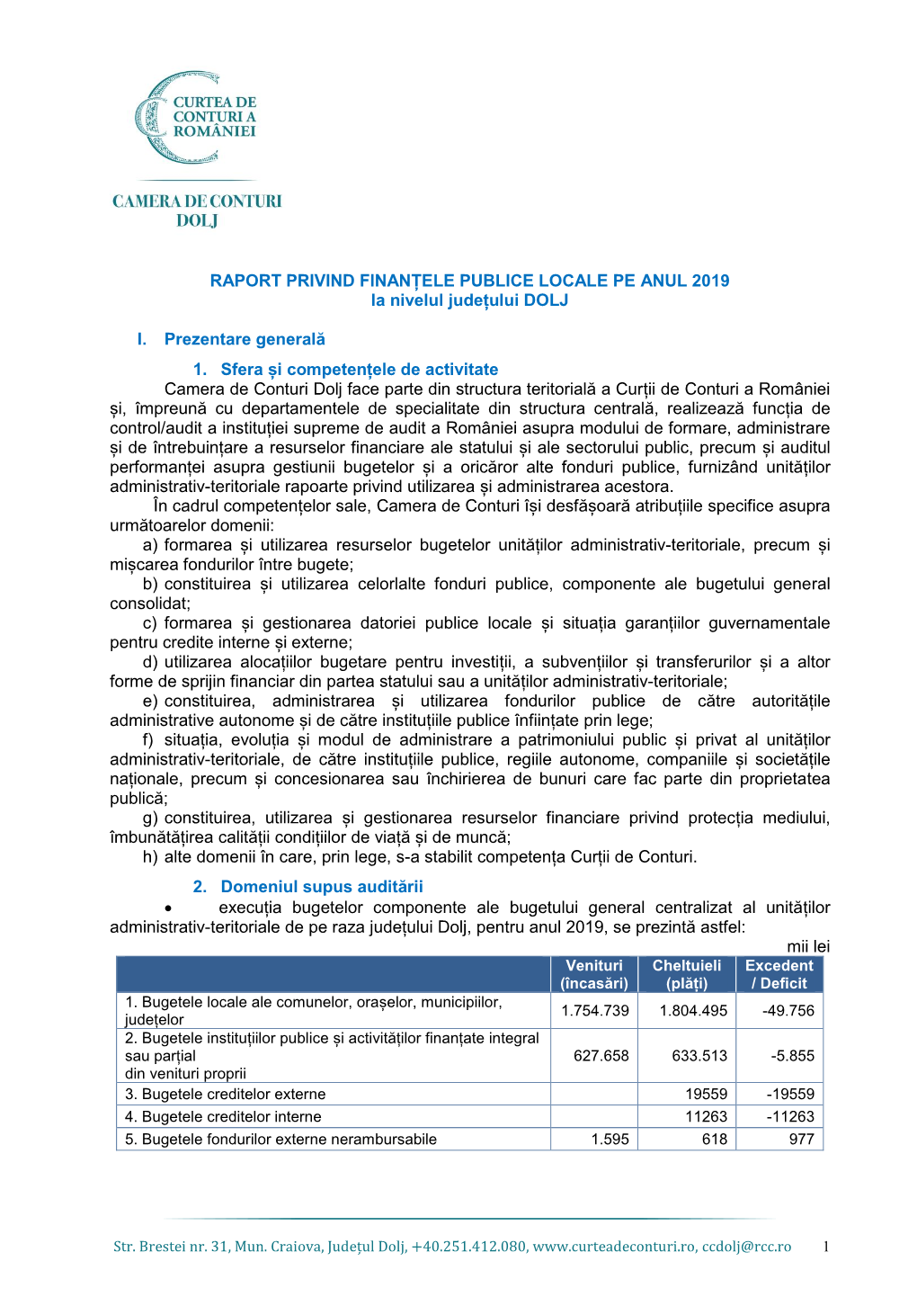 Raport Privind Finanțele Publice Locale, Județul Dolj 2019