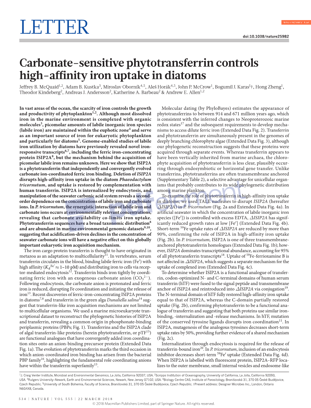 Carbonate-Sensitive Phytotransferrin Controls High-Affinity Iron Uptake in Diatoms Jeffrey B