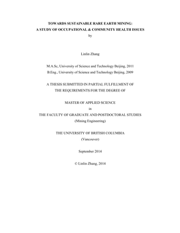 TOWARDS SUSTAINABLE RARE EARTH MINING: a STUDY of OCCUPATIONAL & COMMUNITY HEALTH ISSUES By